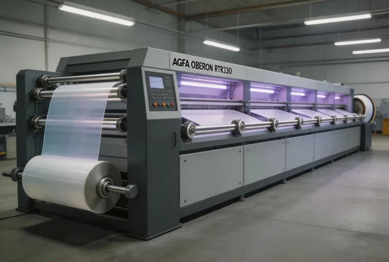 Agfa Oberon RTR3300 roll-to-roll UV printer producing backlit display film