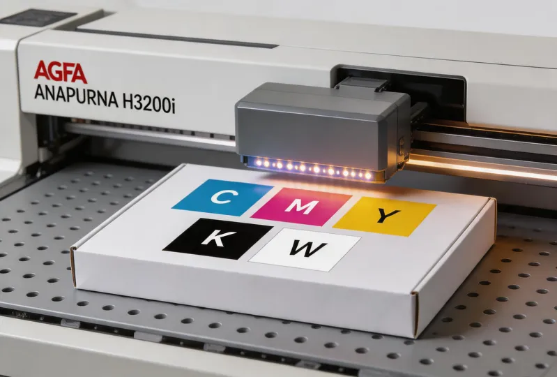 Agfa Anapurna UV LED flatbed printing a folding carton sample