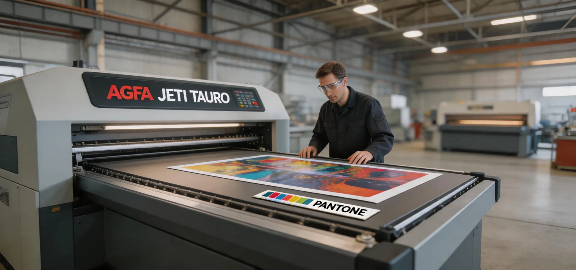 Agfa Jeti Tauro flatbed press in a European packaging print shop, calibrated colour target in foreground